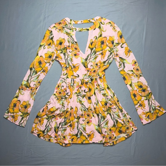 Free People Tegan Printed Floral Pleated Dress | Pink & Yellow | Size 6 - Picture 2 of 11